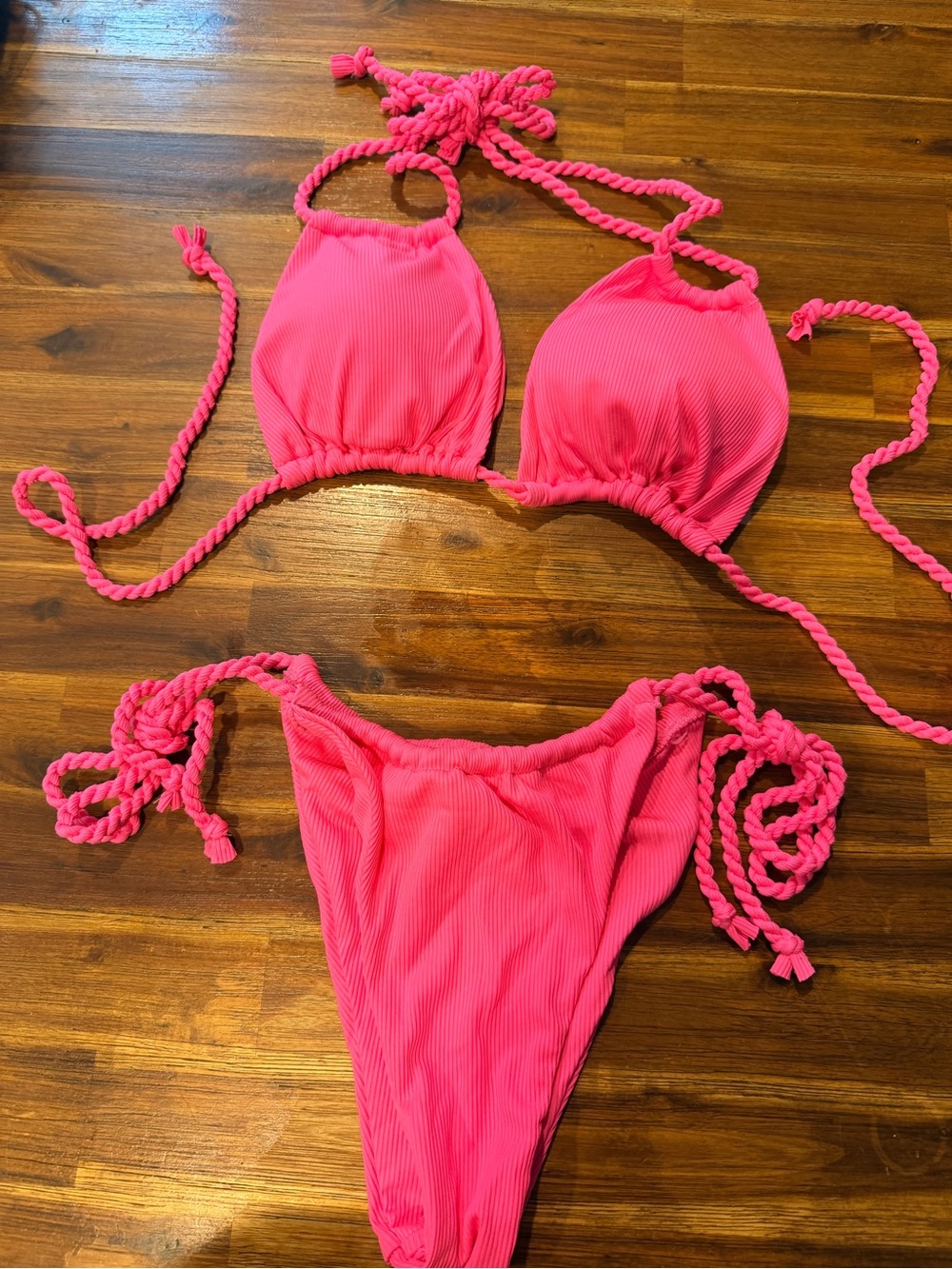 Zaful Hot Pink Ribbed Bikini Set with Rope Ties